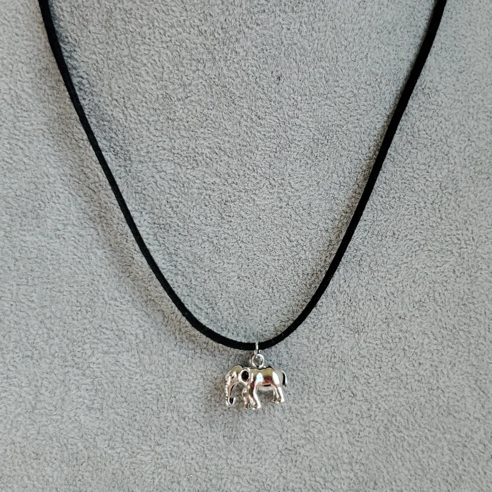 Mens silver elephant charm black suede necklace